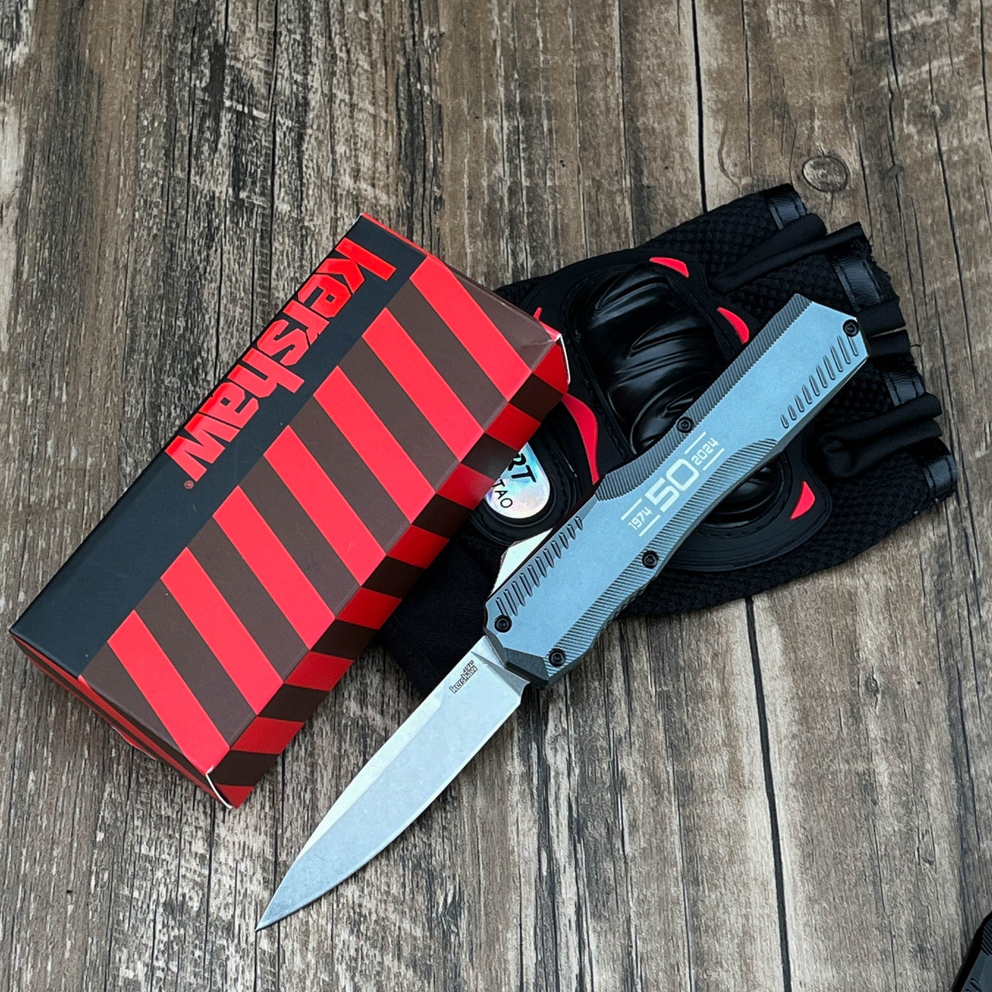 9000K50 Matt Diskin Commemorative Livewire OTF AUTO Knife 3.3" CPM-MagnaCut Stonewashed Spear Point Blade, 50th Anniversary Black Aluminum Handles, Reversible Clip