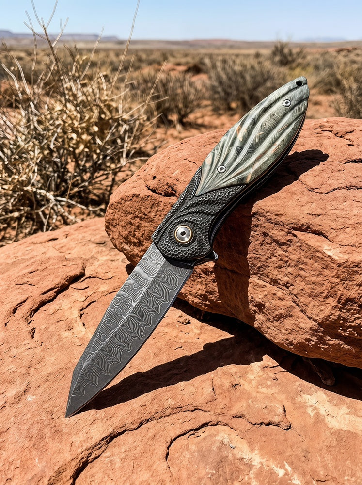 VG10 Damascus Steel Folding Pocket Knife, Stabilized Wood Handle Flipper EDC Knife with Liner Lock