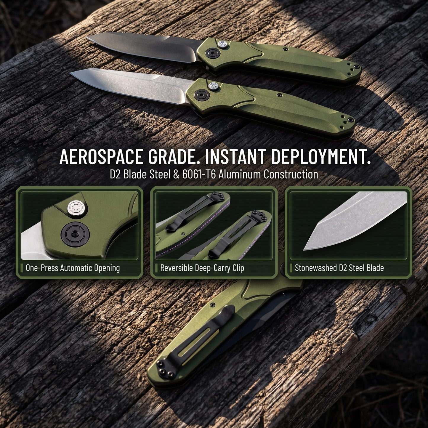 D2 Steel Reverse Tanto Folding Knife - Olive Green Aluminum Handle with Push Button Lock & Reversible Deep Carry Clip