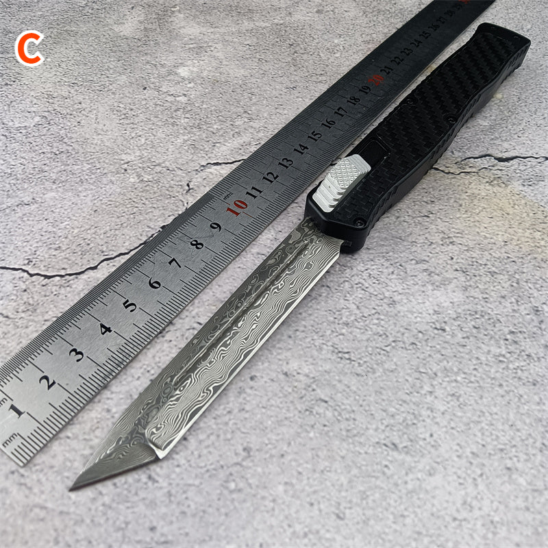 Heretic Knives Cleric II OTF AUTO Tactical Knife Double Edge Dagger Damascus Blade T6 Aluminum Alloy + Carbon Fiber Patch Handle EDC Button Opening Combat Military Knives