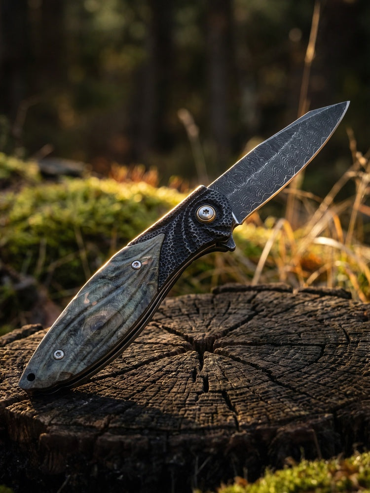 VG10 Damascus Steel Folding Pocket Knife, Stabilized Wood Handle Flipper EDC Knife with Liner Lock