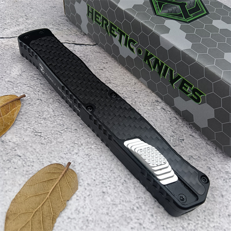 Heretic Knives Cleric II OTF AUTO Tactical Knife Double Edge Dagger Damascus Blade T6 Aluminum Alloy + Carbon Fiber Patch Handle EDC Button Opening Combat Military Knives