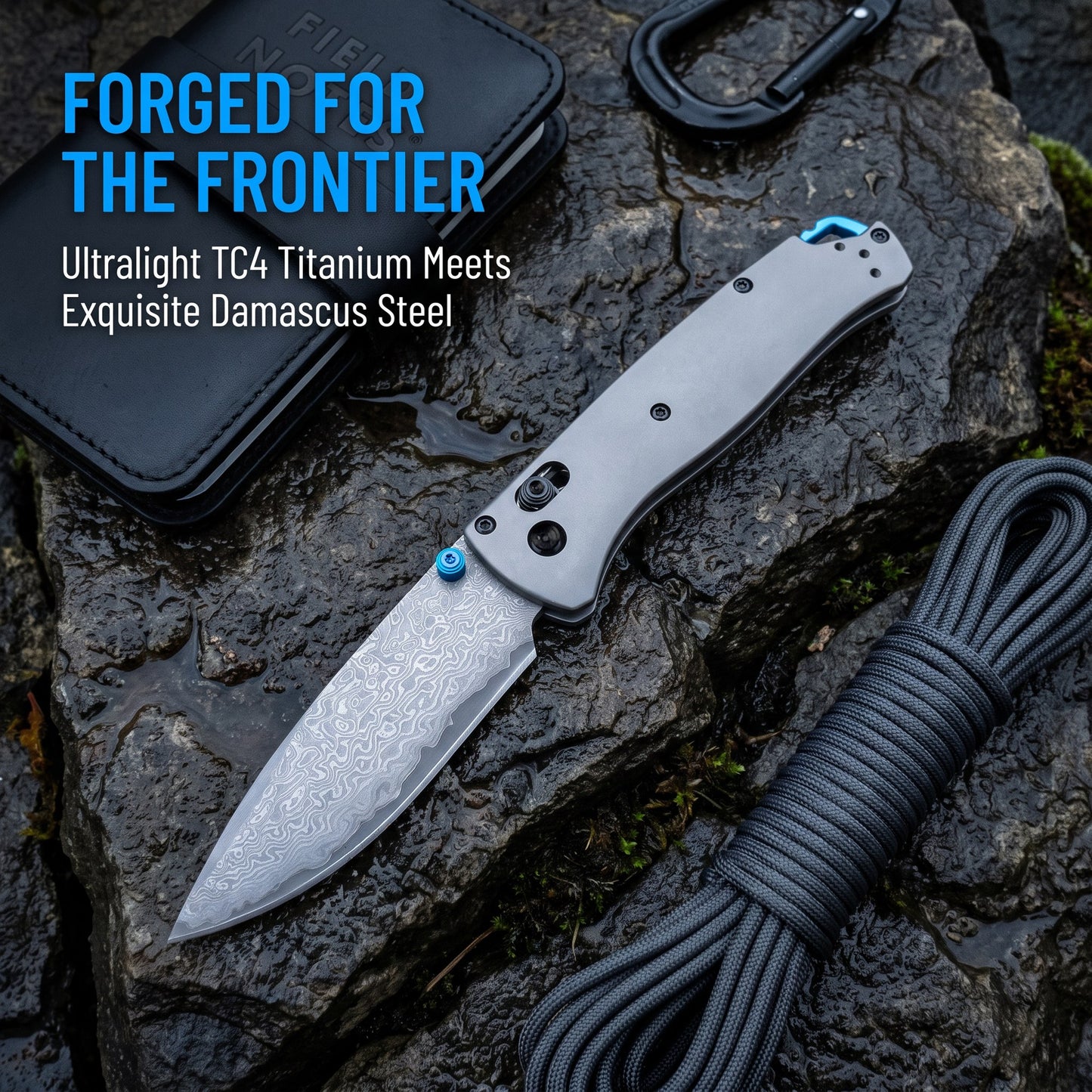 Damascus Folding Pocket Knife - Lightweight TC4 Handle, Drop Point Steel Blade, Dual Thumb Stud, Crossbar Lock, Deep Carry Clip
