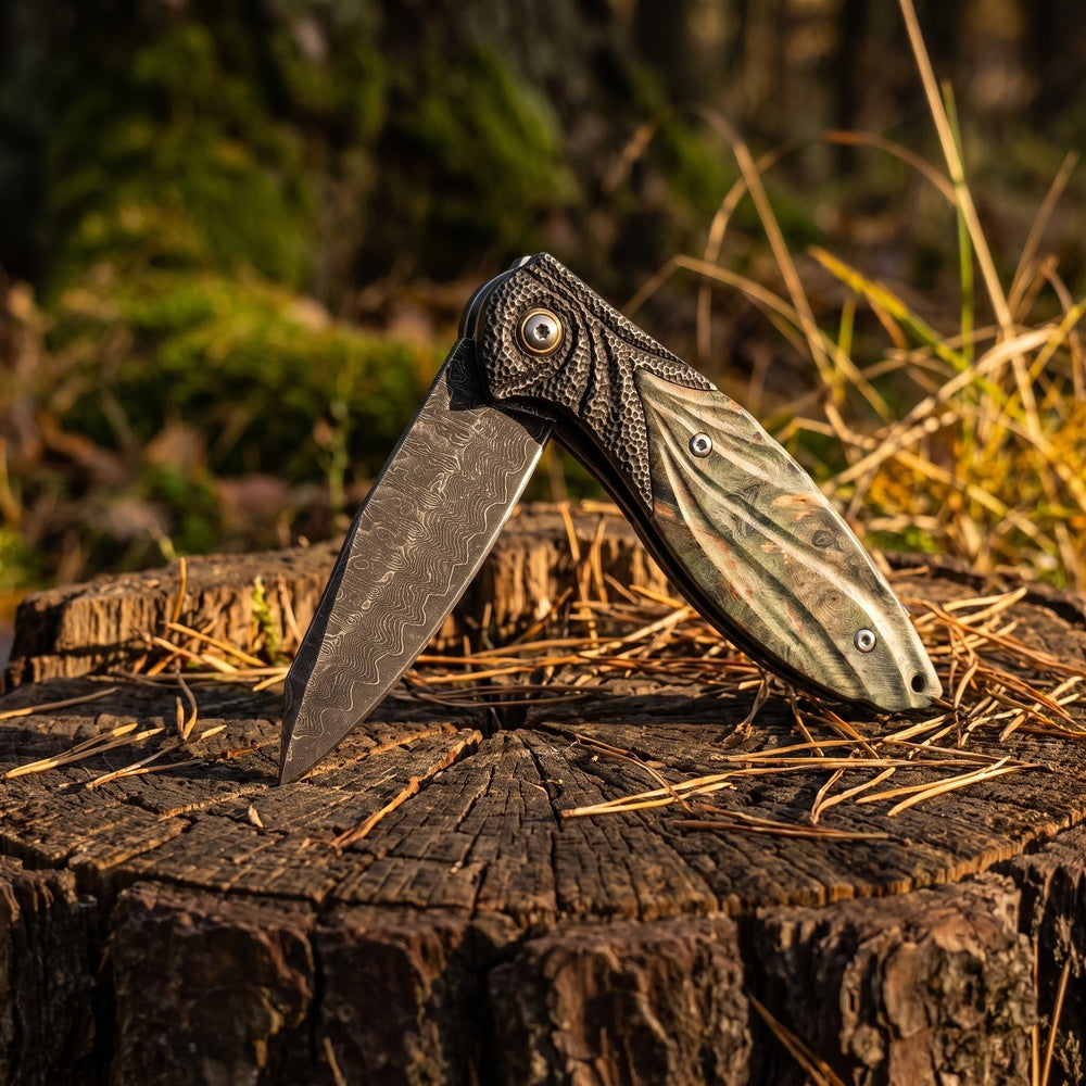 VG10 Damascus Steel Folding Pocket Knife, Stabilized Wood Handle Flipper EDC Knife with Liner Lock
