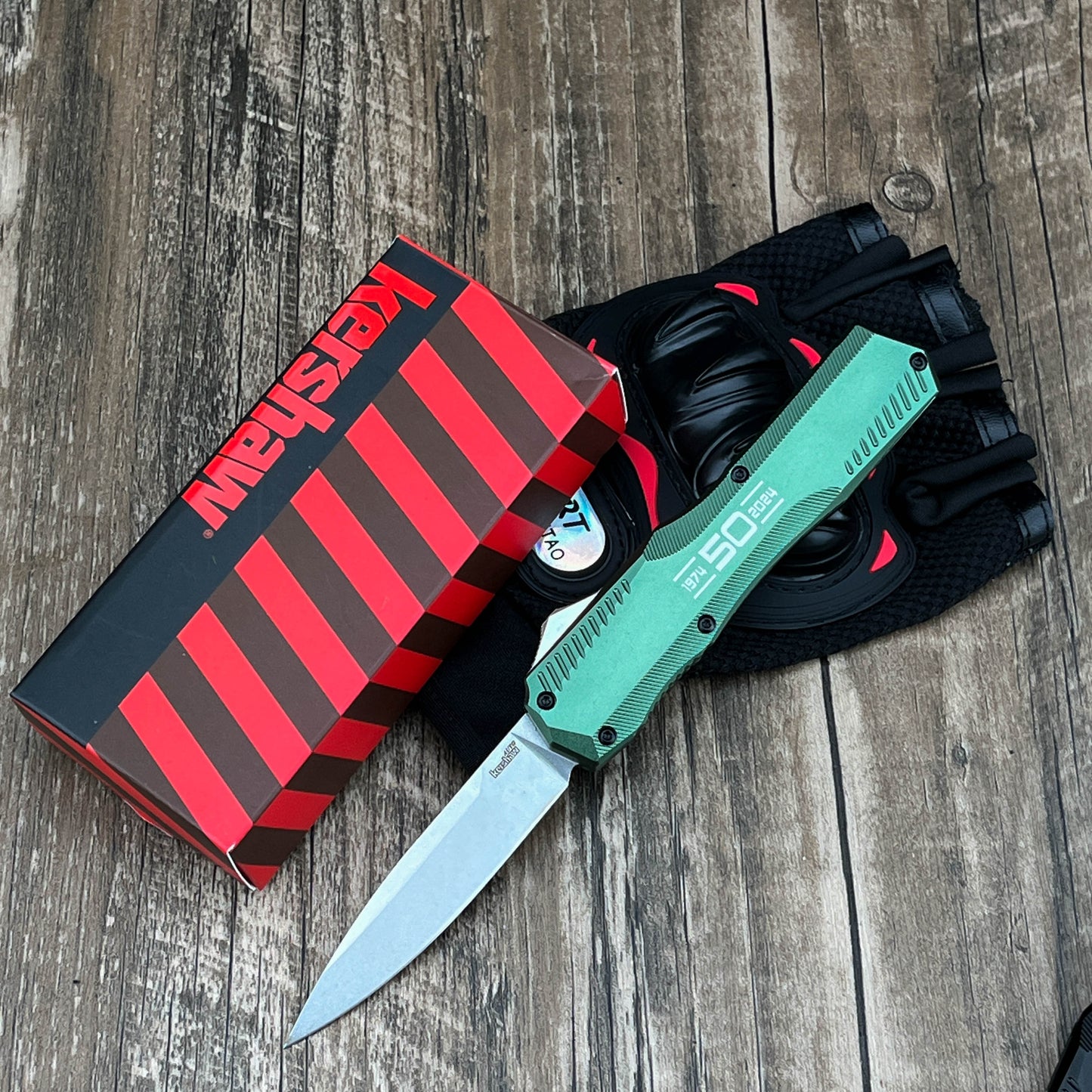 9000K50 Matt Diskin Commemorative Livewire OTF AUTO Knife 3.3" CPM-MagnaCut Stonewashed Spear Point Blade, 50th Anniversary Black Aluminum Handles, Reversible Clip