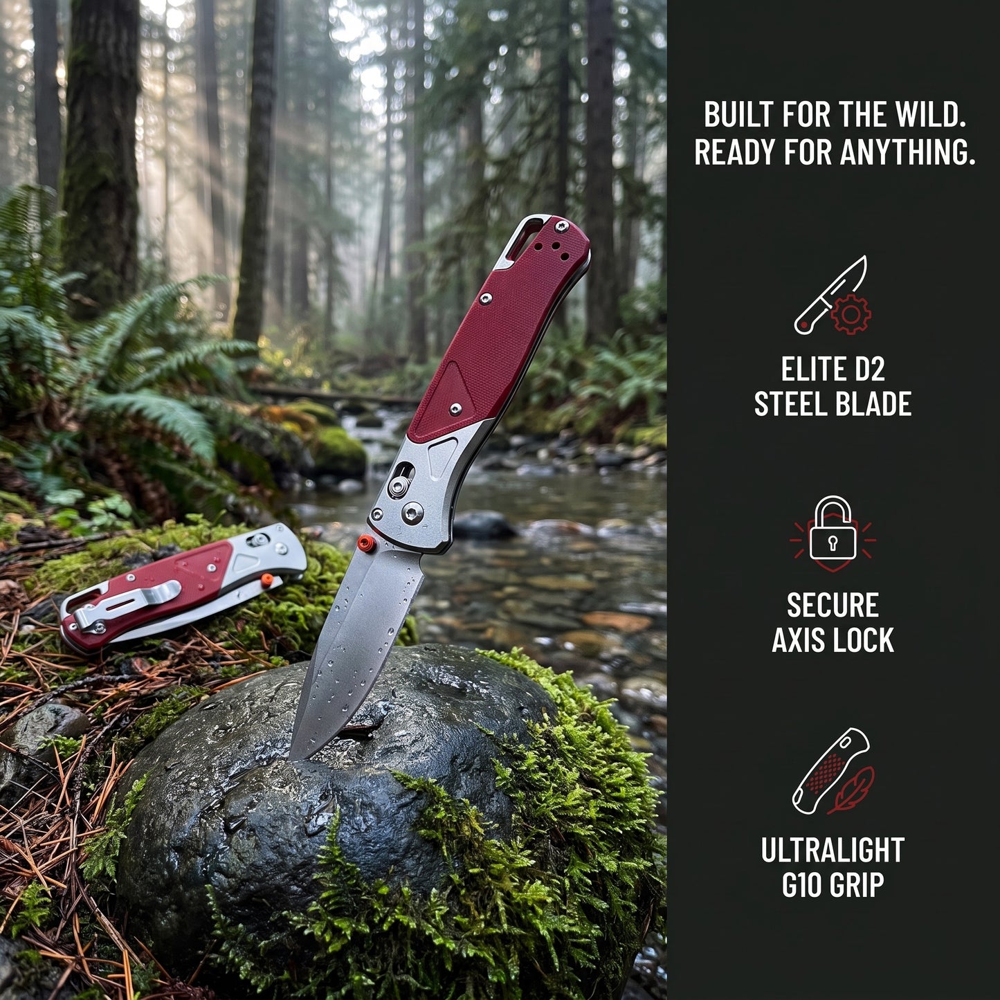 535-9 Folding Pocket Knife with D2 Steel Drop-Point Blade and Red G10 Handle