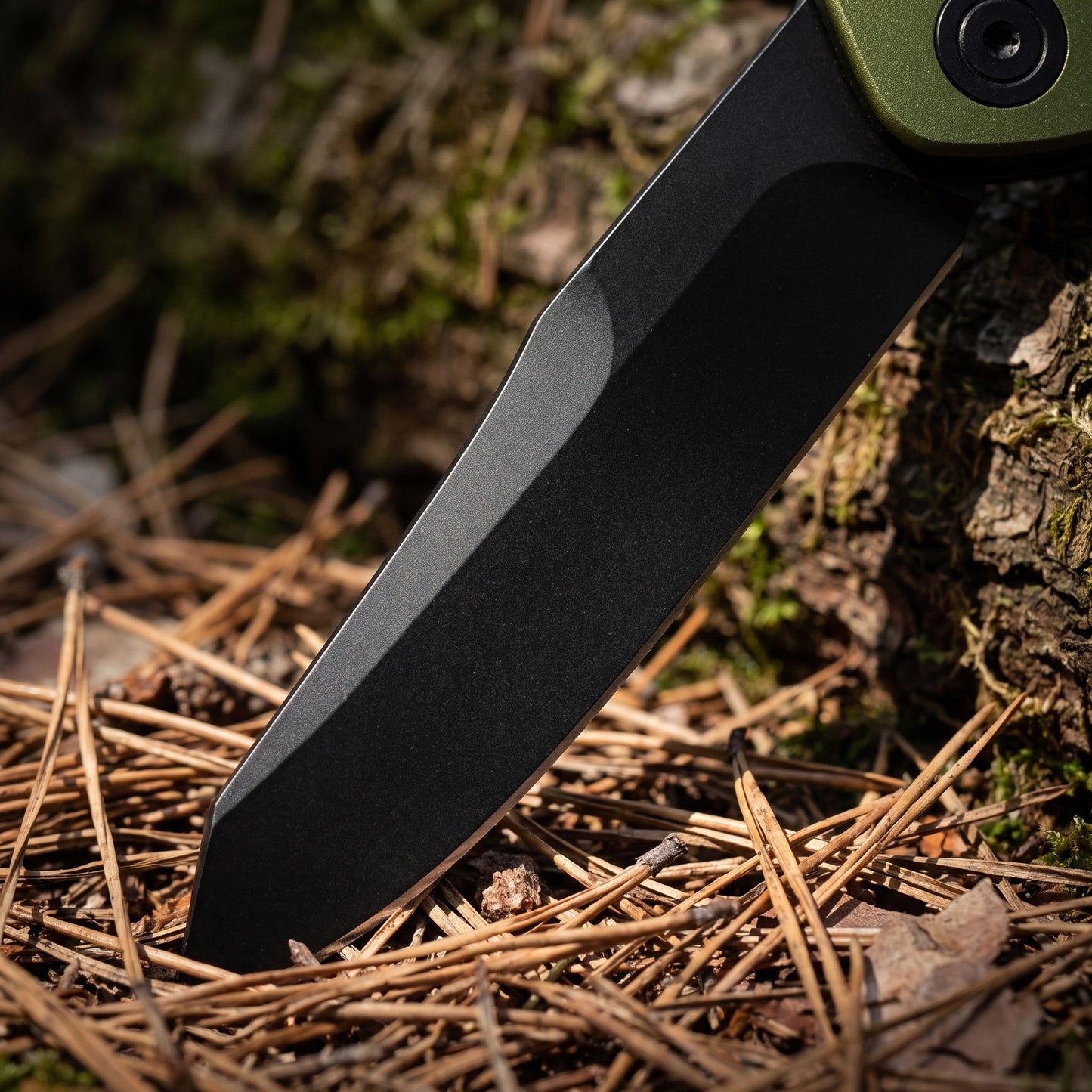 D2 Steel Reverse Tanto Folding Knife - Olive Green Aluminum Handle with Push Button Lock & Reversible Deep Carry Clip