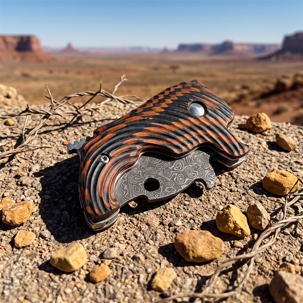 Damascus Steel Folding EDC Pocket Knife Dual Color G10 Handle Thumb Hole Stubby Utility Knife