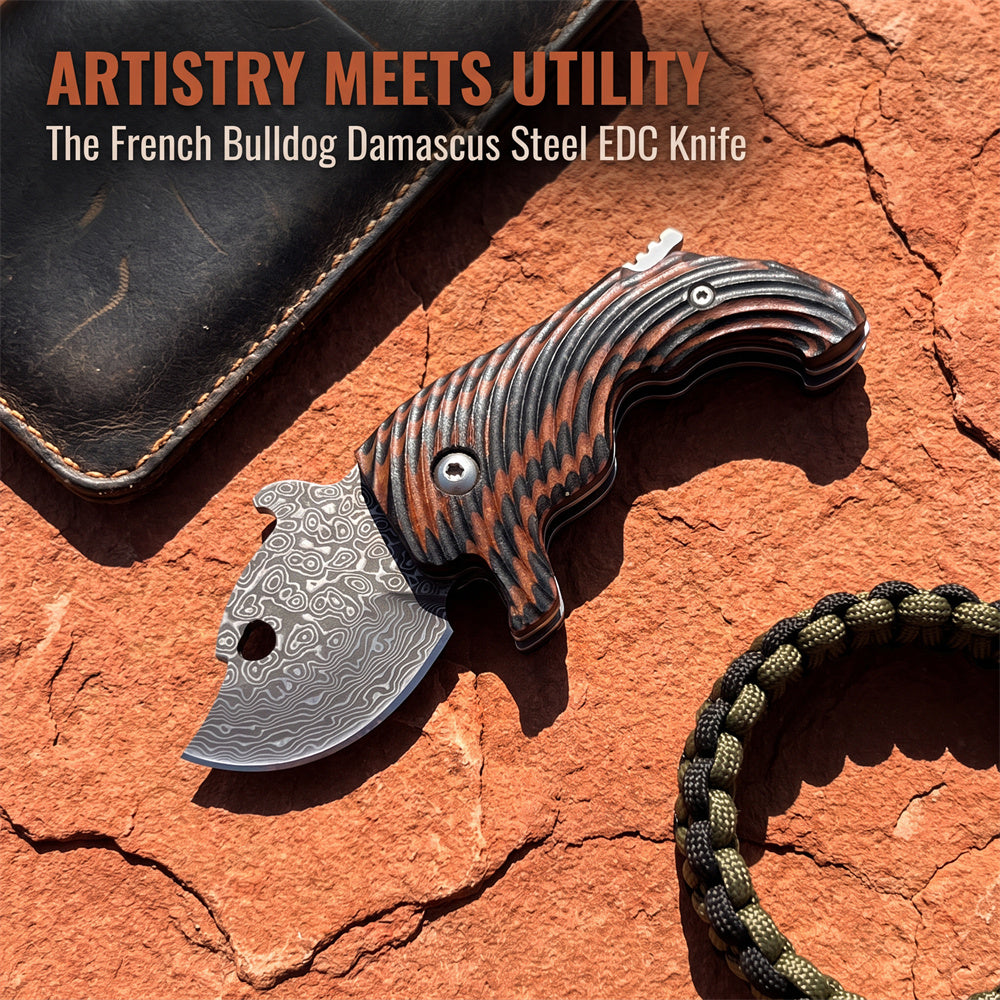 Damascus Steel Folding EDC Pocket Knife Dual Color G10 Handle Thumb Hole Stubby Utility Knife