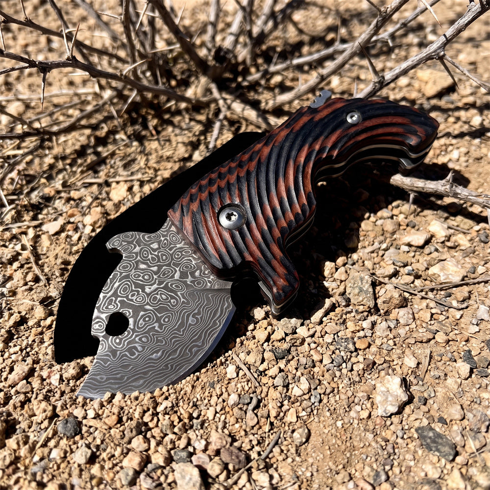 Damascus Steel Folding EDC Pocket Knife Dual Color G10 Handle Thumb Hole Stubby Utility Knife