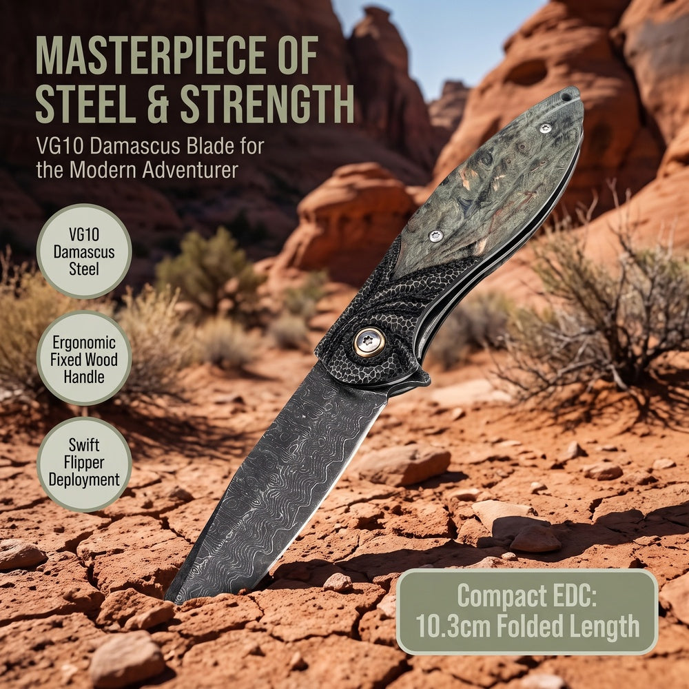 VG10 Damascus Steel Folding Pocket Knife, Stabilized Wood Handle Flipper EDC Knife with Liner Lock