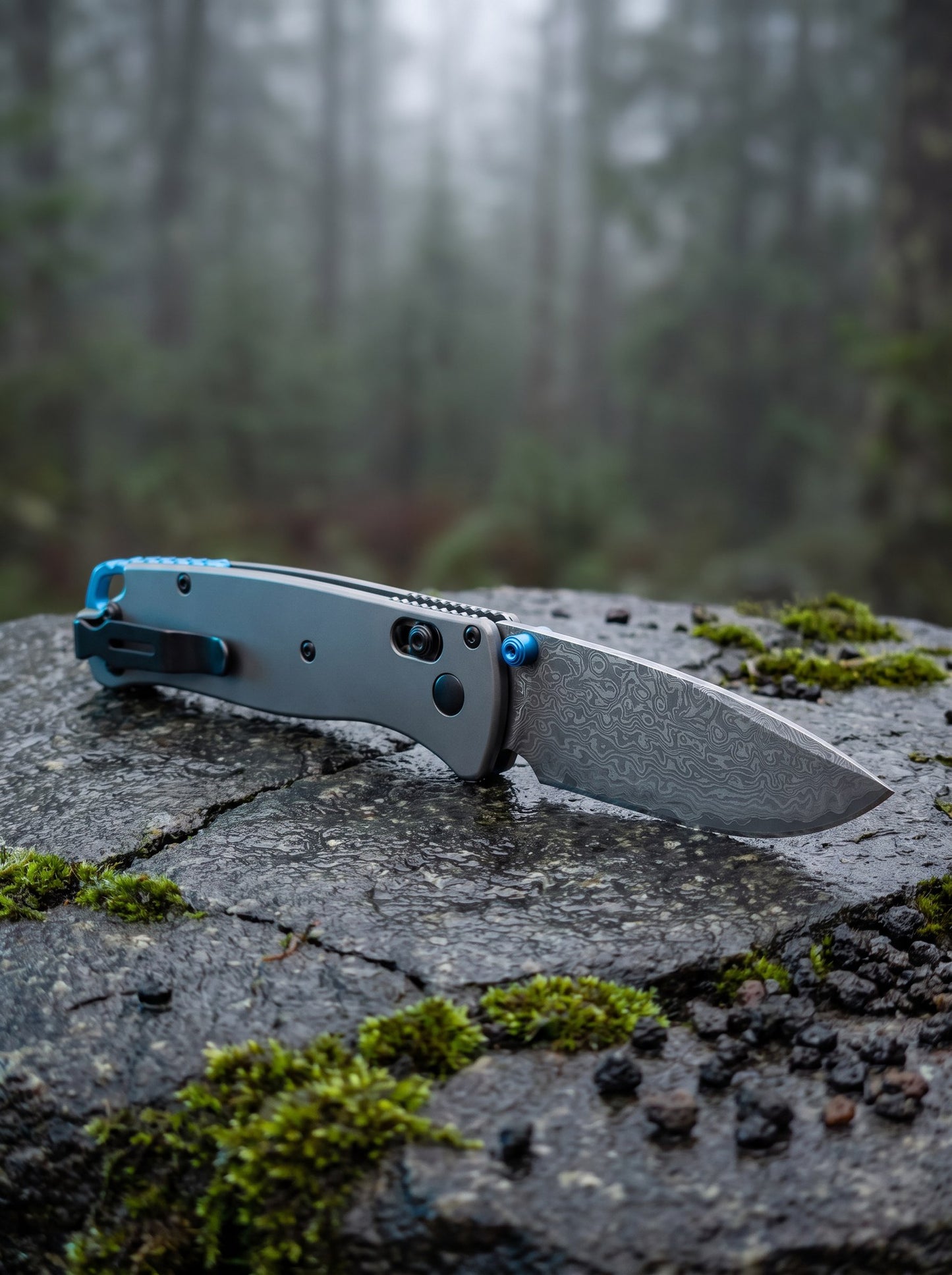 Damascus Folding Pocket Knife - Lightweight TC4 Handle, Drop Point Steel Blade, Dual Thumb Stud, Crossbar Lock, Deep Carry Clip