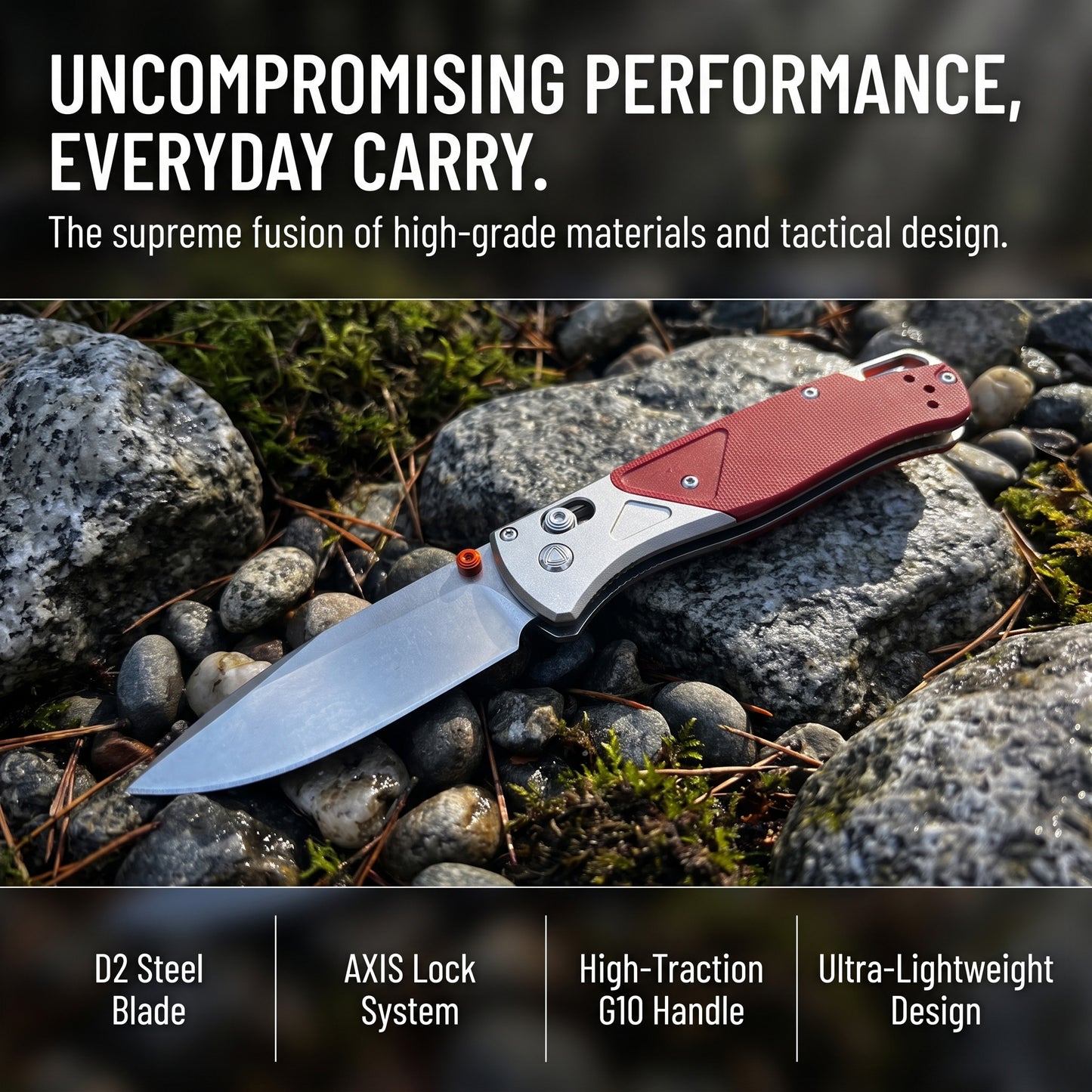 535-9 Folding Pocket Knife with D2 Steel Drop-Point Blade and Red G10 Handle