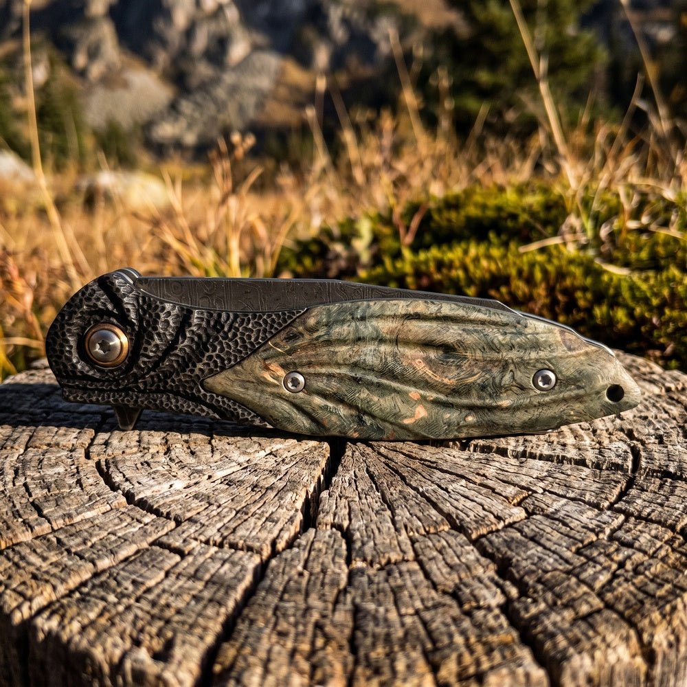 VG10 Damascus Steel Folding Pocket Knife, Stabilized Wood Handle Flipper EDC Knife with Liner Lock