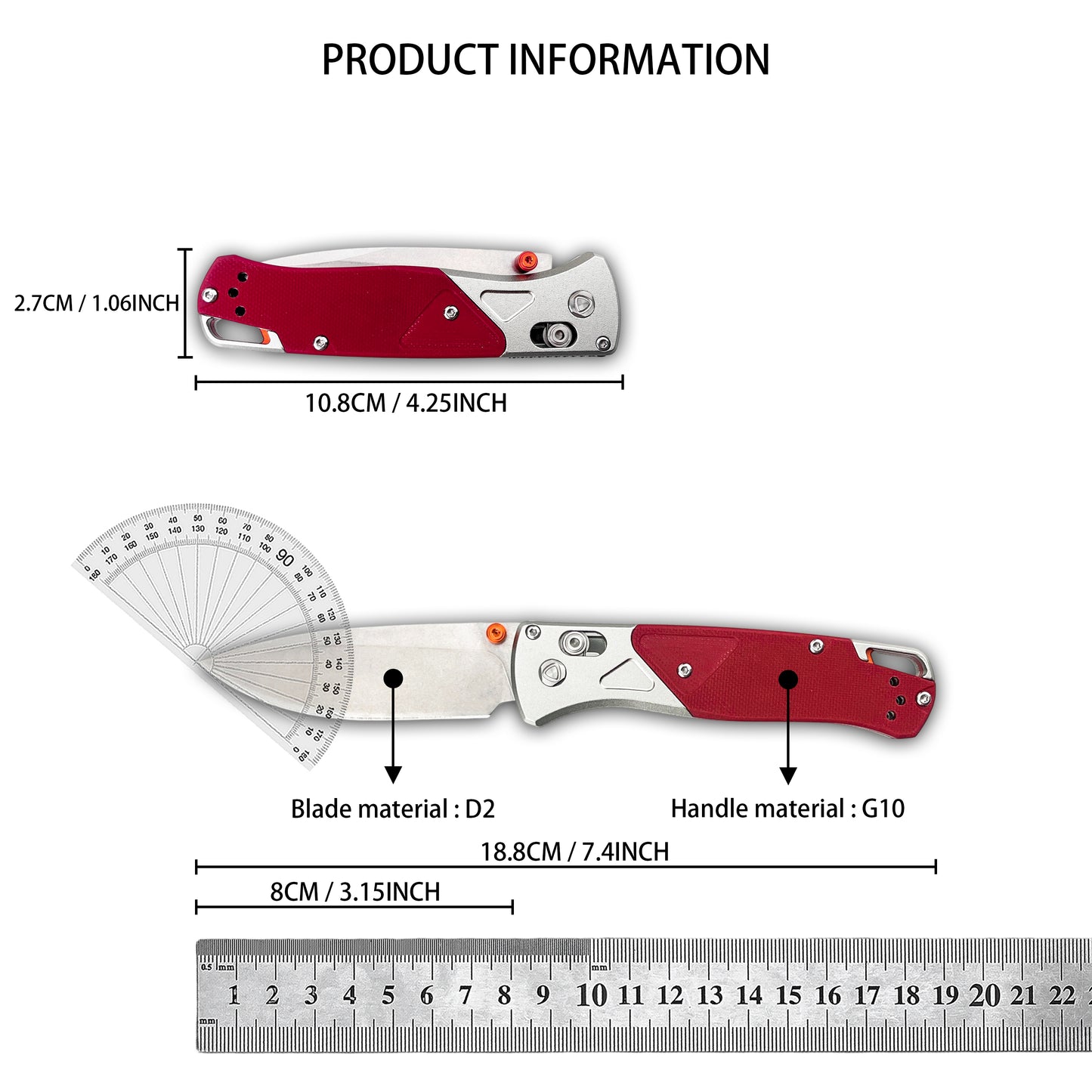 535-9 Folding Pocket Knife with D2 Steel Drop-Point Blade and Red G10 Handle