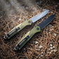 D2 Steel Reverse Tanto Folding Knife - Olive Green Aluminum Handle with Push Button Lock & Reversible Deep Carry Clip