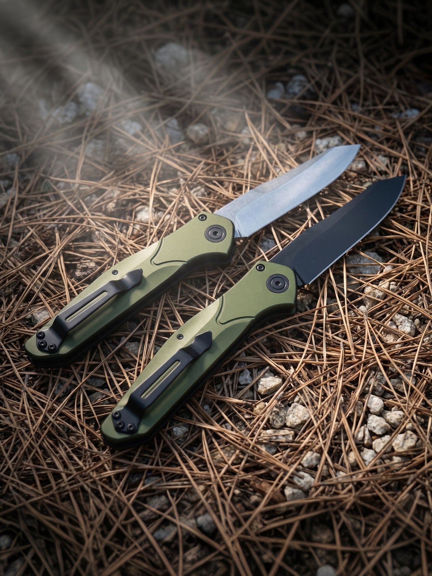 D2 Steel Reverse Tanto Folding Knife - Olive Green Aluminum Handle with Push Button Lock & Reversible Deep Carry Clip