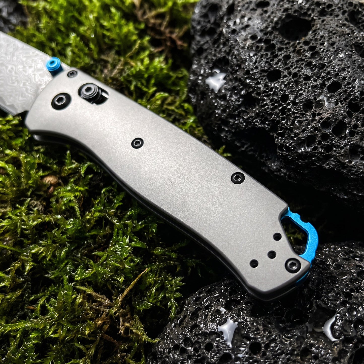 Damascus Folding Pocket Knife - Lightweight TC4 Handle, Drop Point Steel Blade, Dual Thumb Stud, Crossbar Lock, Deep Carry Clip