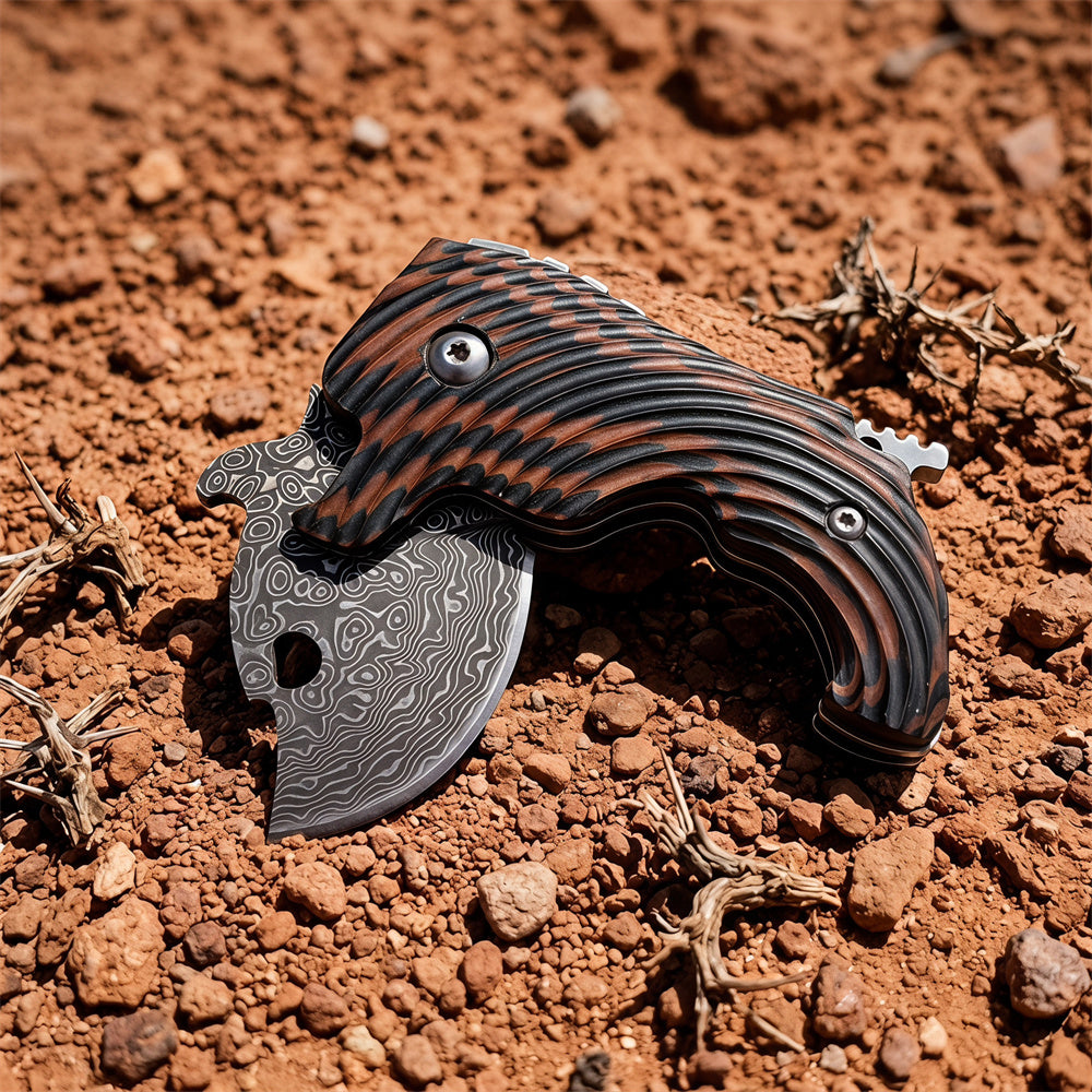 Damascus Steel Folding EDC Pocket Knife Dual Color G10 Handle Thumb Hole Stubby Utility Knife