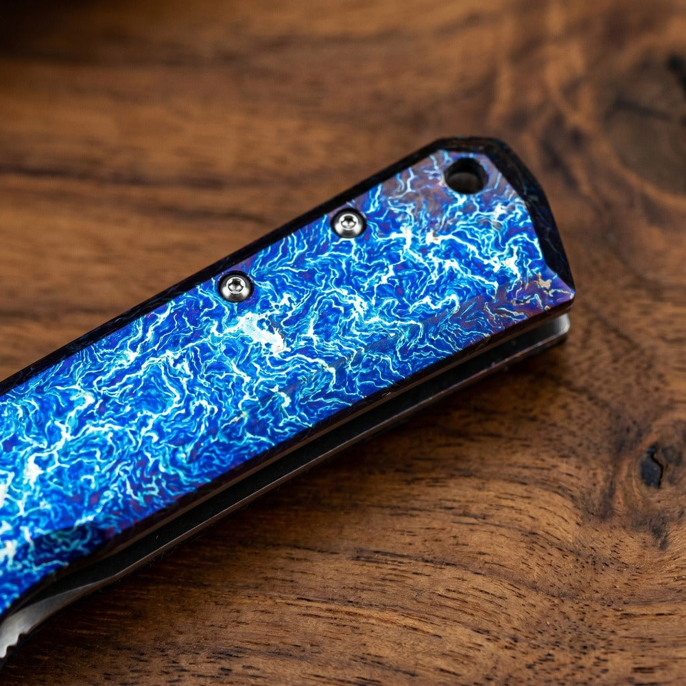 ZT0808 D2 Steel Flipper Folding Pocket Knife Anodized Blue Flame Pattern Titanium Alloy Handle