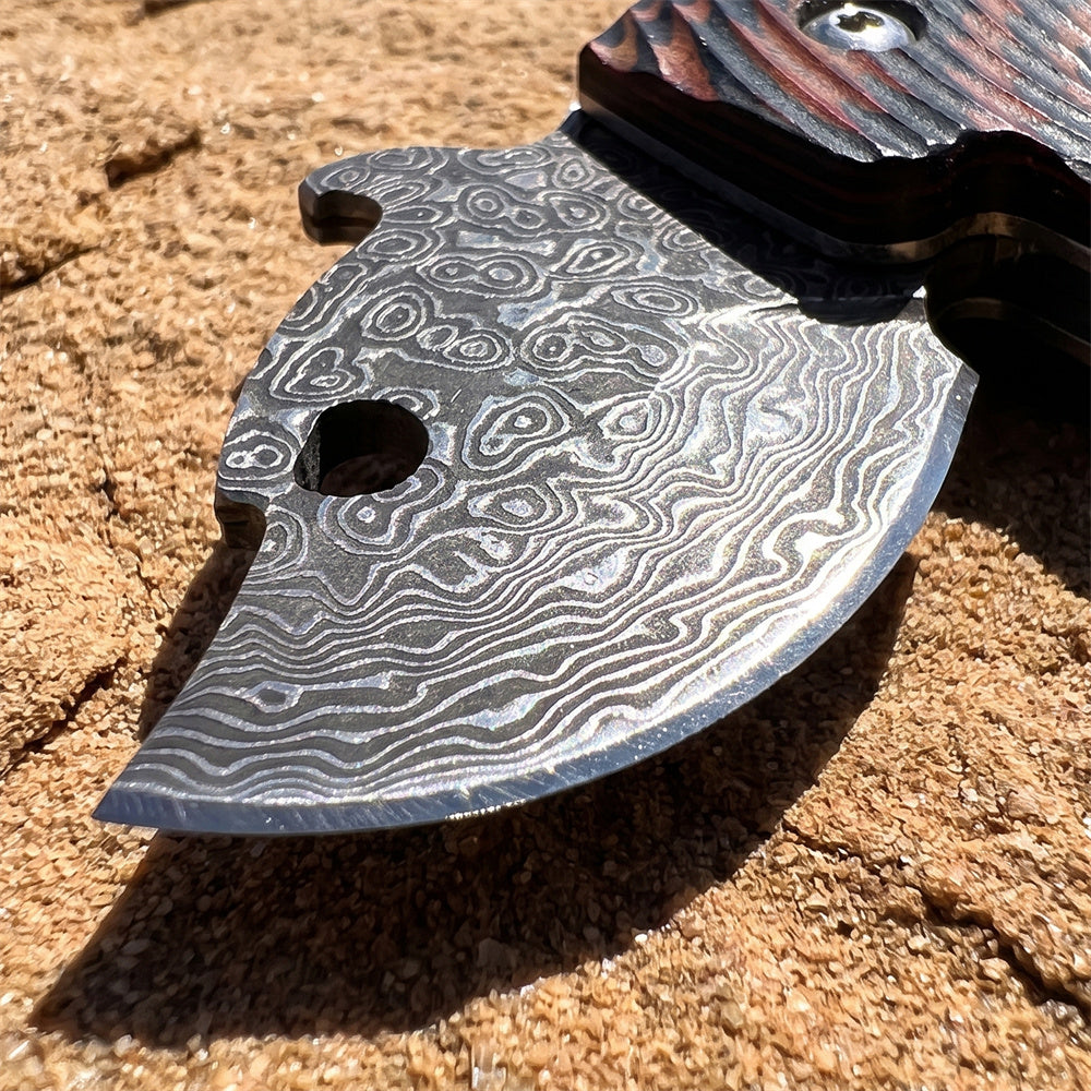 Damascus Steel Folding EDC Pocket Knife Dual Color G10 Handle Thumb Hole Stubby Utility Knife