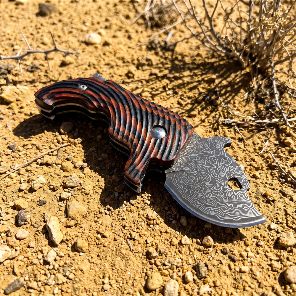 Damascus Steel Folding EDC Pocket Knife Dual Color G10 Handle Thumb Hole Stubby Utility Knife