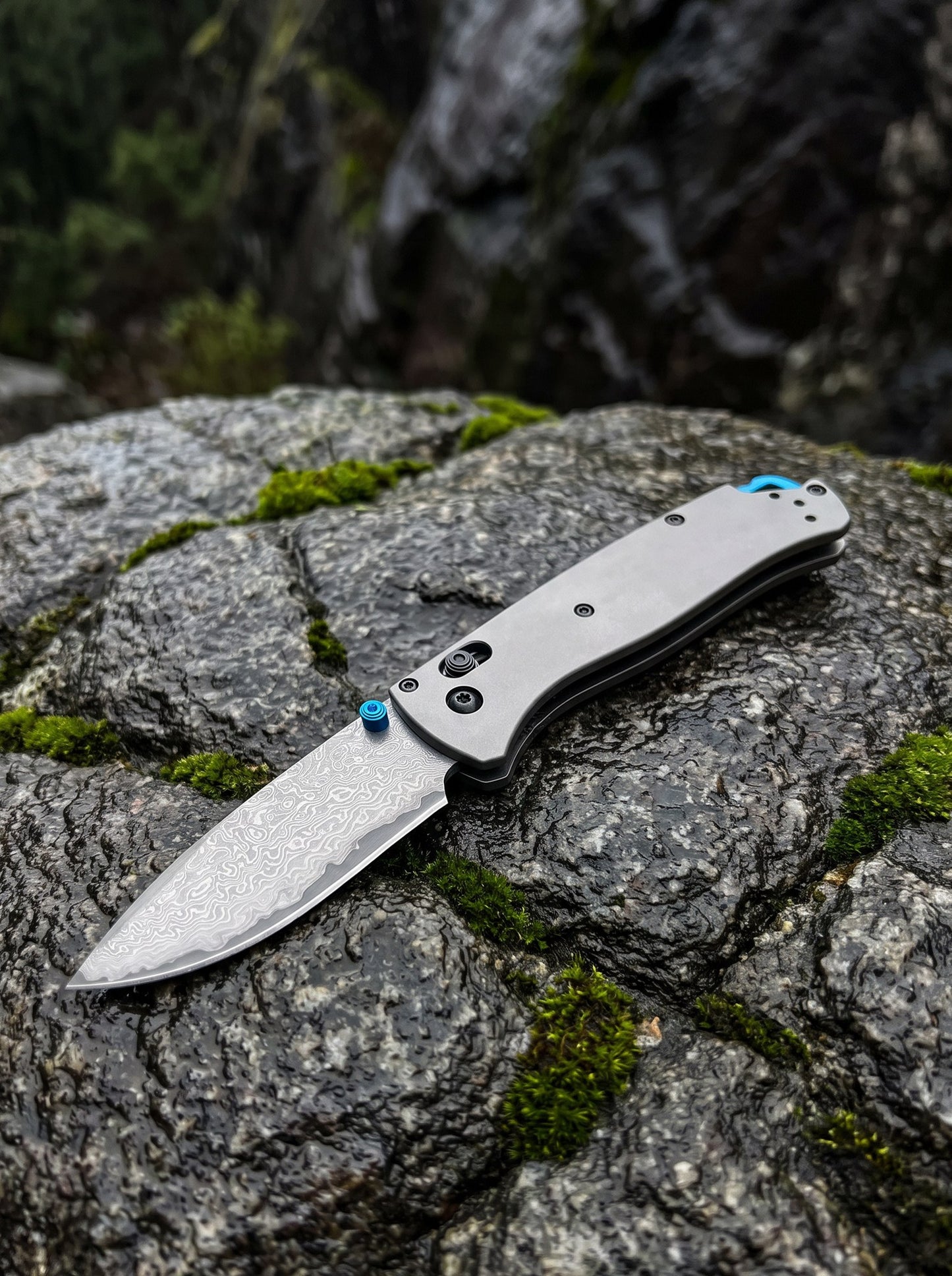 Damascus Folding Pocket Knife - Lightweight TC4 Handle, Drop Point Steel Blade, Dual Thumb Stud, Crossbar Lock, Deep Carry Clip