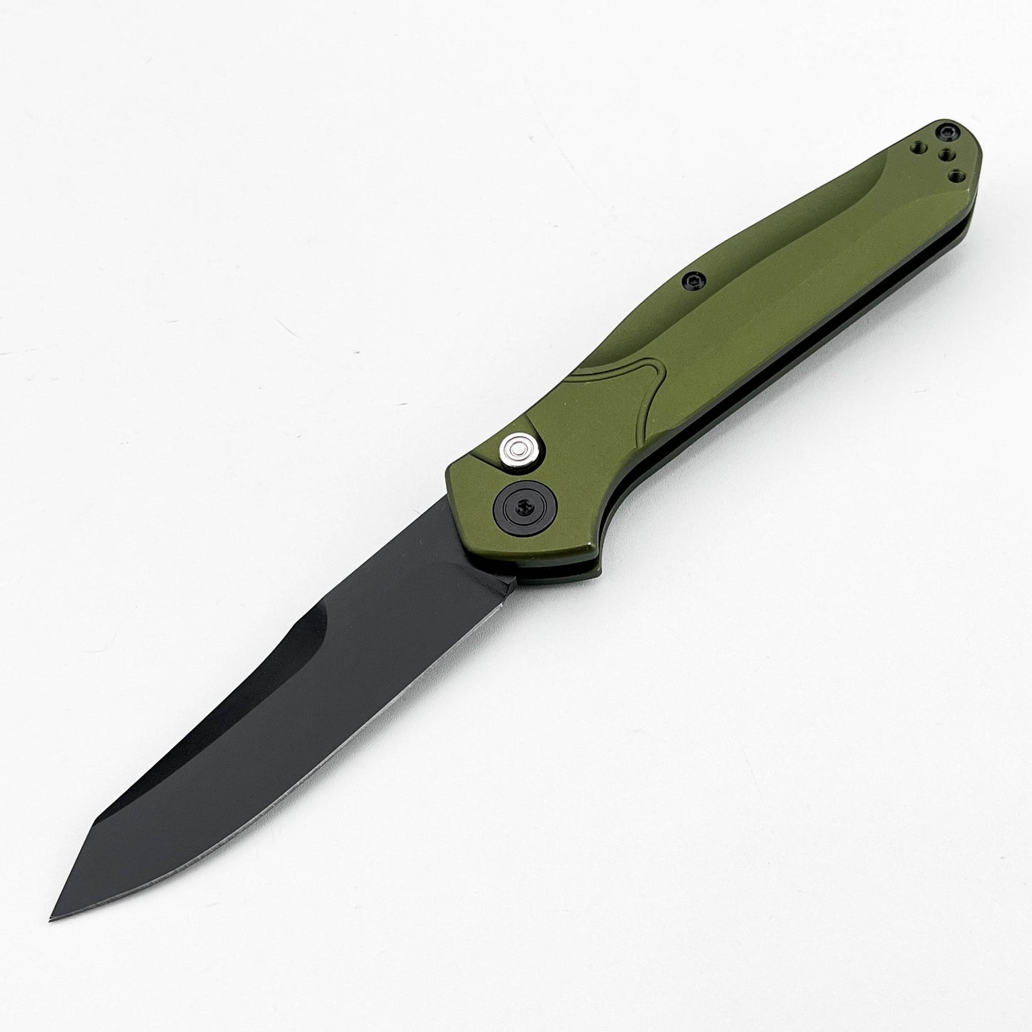 D2 Steel Reverse Tanto Folding Knife - Olive Green Aluminum Handle with Push Button Lock & Reversible Deep Carry Clip