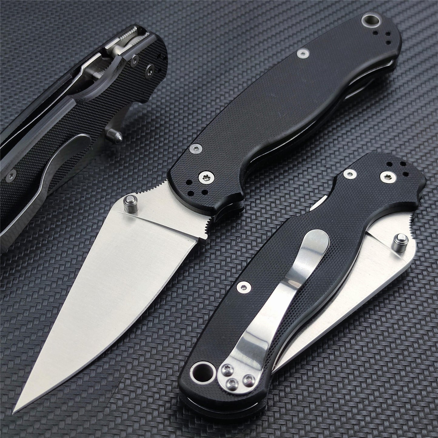 Tactical Spyderco C81 Paramilitary Folding Pocket Knife, 440C Satin Plain Blade, Black G10 Handle with Clip, Compression Lock Outdoor Hunting EDC Tool