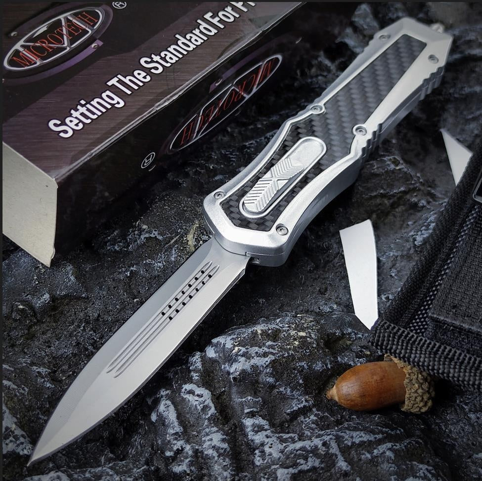 MICROTECH No.3 High Quality Adjustable Switchblade Flick Knife Tactical Dagger OTF-Safety Cutting Knives 440C Steel and Zinc Alloy Inlaid with Carbon Fiber Spring Assisted Knives Camping Hunting Outdoor Hand Tools