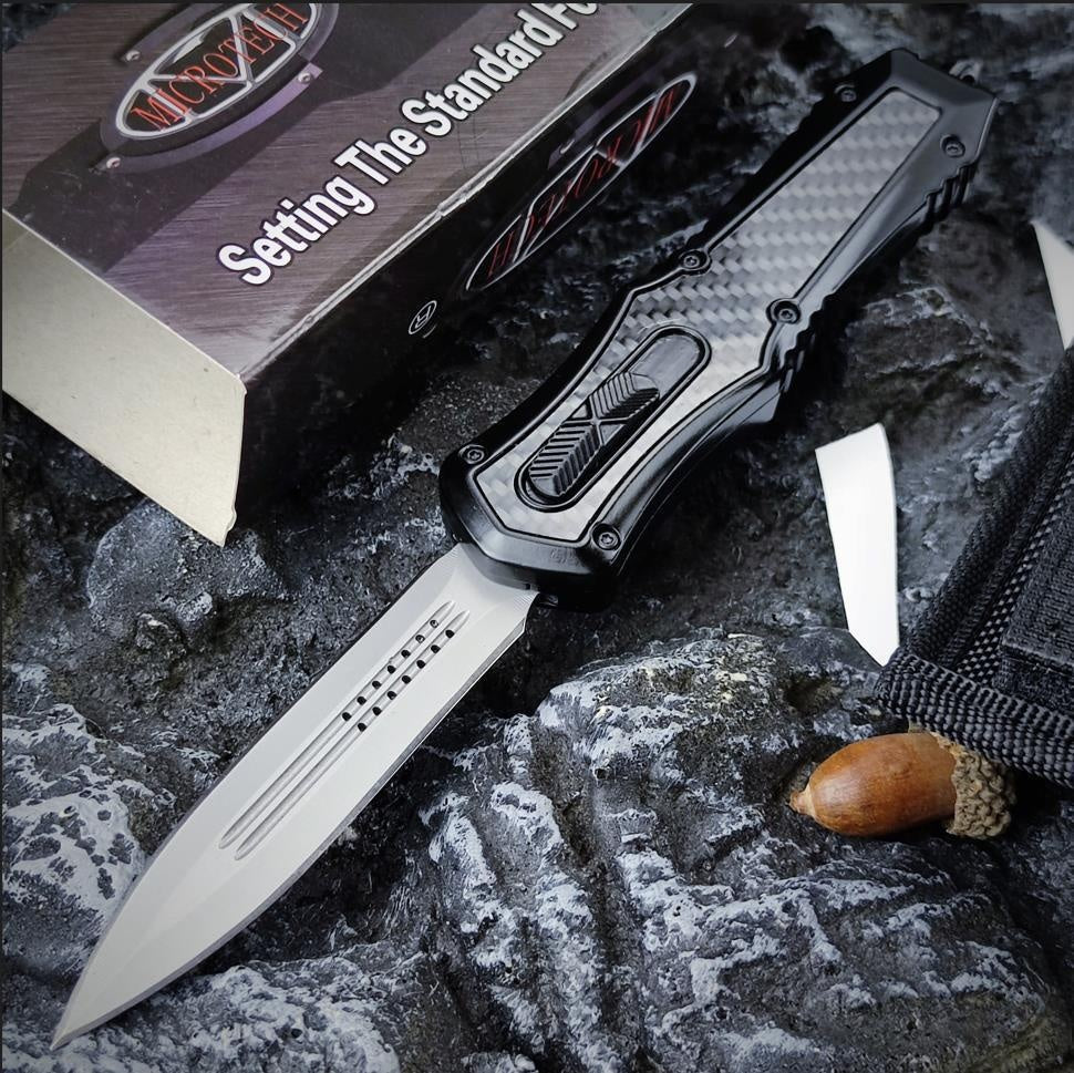 MICROTECH No.3 High Quality Adjustable Switchblade Flick Knife Tactical Dagger OTF-Safety Cutting Knives 440C Steel and Zinc Alloy Inlaid with Carbon Fiber Spring Assisted Knives Camping Hunting Outdoor Hand Tools