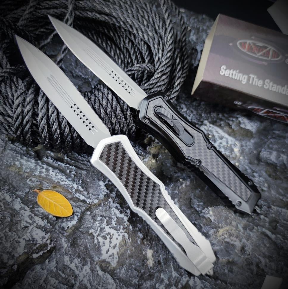 MICROTECH No.3 High Quality Adjustable Switchblade Flick Knife Tactical Dagger OTF-Safety Cutting Knives 440C Steel and Zinc Alloy Inlaid with Carbon Fiber Spring Assisted Knives Camping Hunting Outdoor Hand Tools