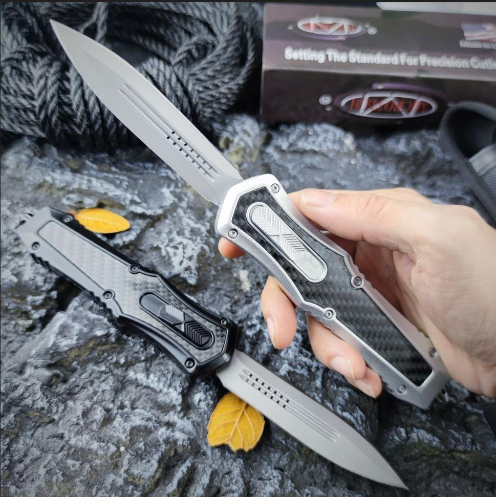 MICROTECH No.3 High Quality Adjustable Switchblade Flick Knife Tactical Dagger OTF-Safety Cutting Knives 440C Steel and Zinc Alloy Inlaid with Carbon Fiber Spring Assisted Knives Camping Hunting Outdoor Hand Tools