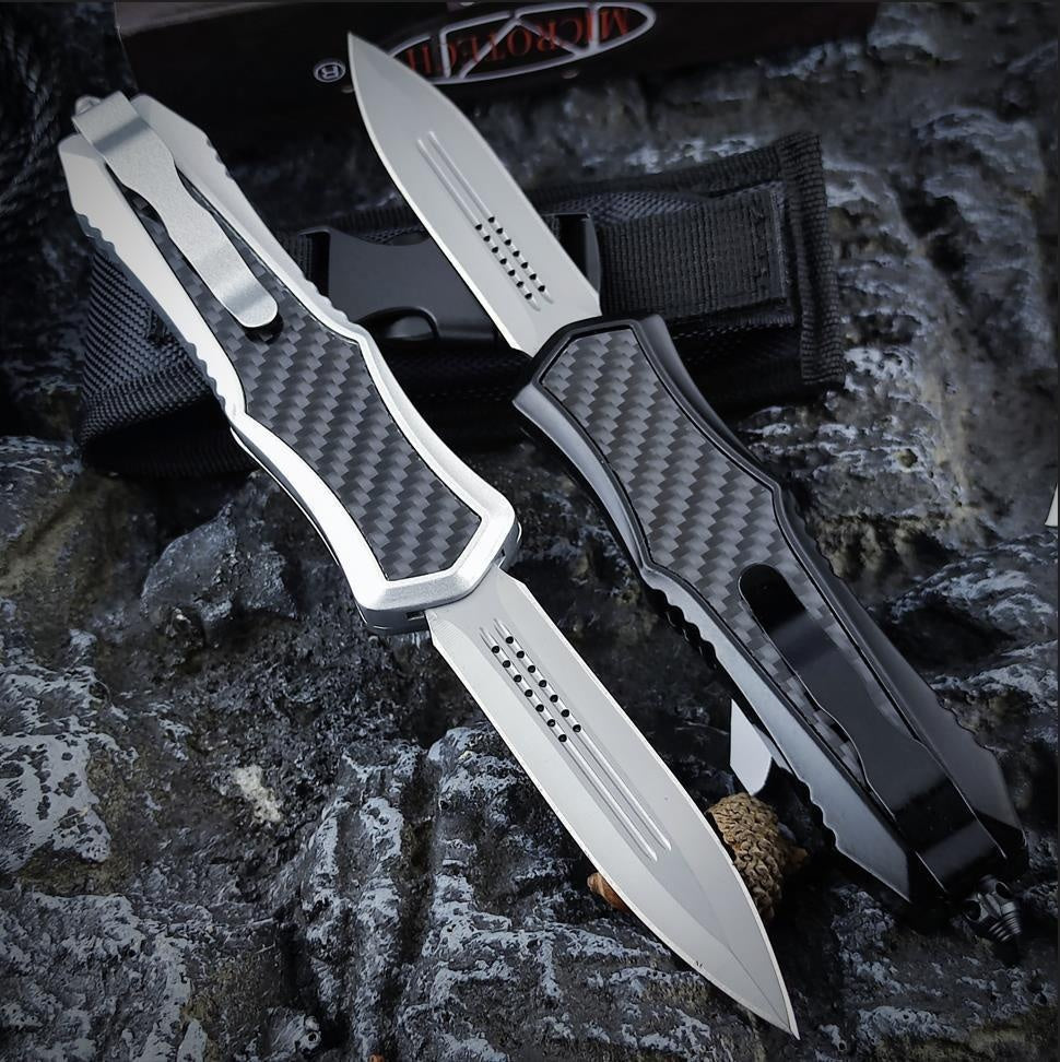 MICROTECH No.3 High Quality Adjustable Switchblade Flick Knife Tactical Dagger OTF-Safety Cutting Knives 440C Steel and Zinc Alloy Inlaid with Carbon Fiber Spring Assisted Knives Camping Hunting Outdoor Hand Tools