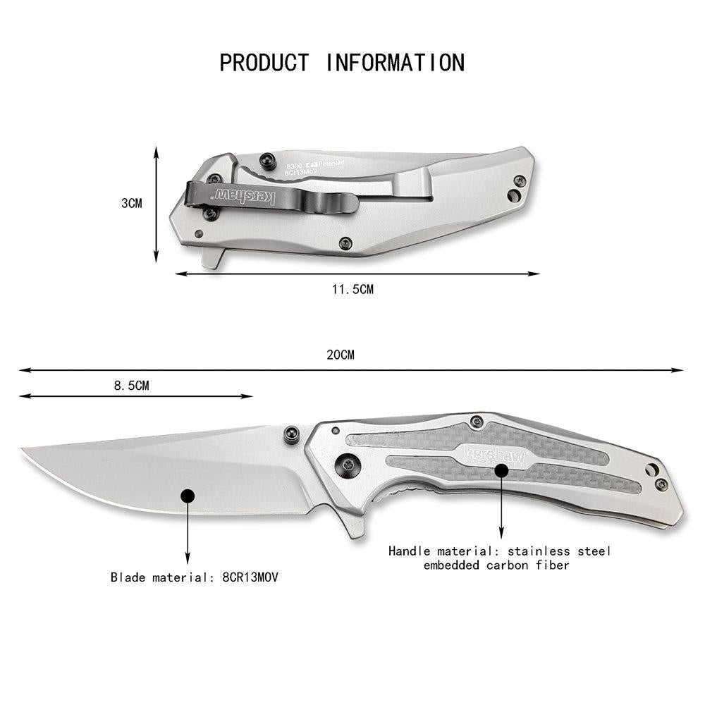 Kershaw 8300 Pocket Pocket Knife 8CR13MOV Blade Stainless Steel Inlaid Carbon Fiber Handle Outdoor Folding Hunting Tactical Knife Sharp Utility Knife with Pocket Clip