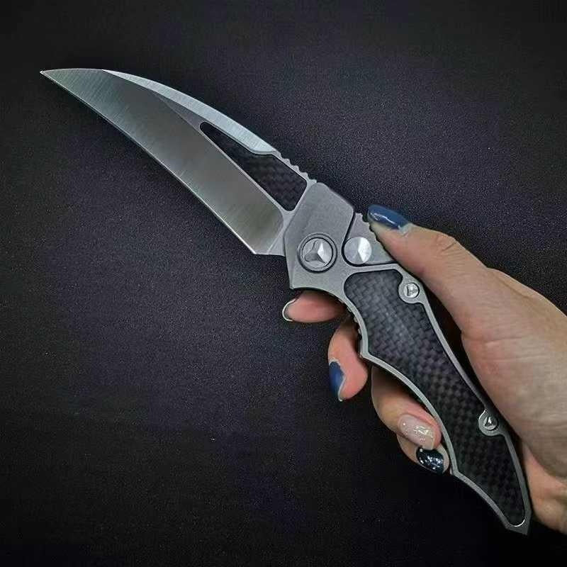 New Microtech HAWK Push-button Quick-opening Folding Scimitar 3.9-inch D2 High Hardness Steel Blade with Aero Aluminum + Carbon Fiber Handle,must-have EDC Knife for Camping and Hunting