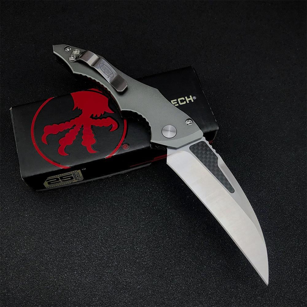 New Microtech HAWK Push-button Quick-opening Folding Scimitar 3.9-inch D2 High Hardness Steel Blade with Aero Aluminum + Carbon Fiber Handle,must-have EDC Knife for Camping and Hunting