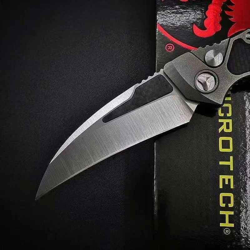 New Microtech HAWK Push-button Quick-opening Folding Scimitar 3.9-inch D2 High Hardness Steel Blade with Aero Aluminum + Carbon Fiber Handle,must-have EDC Knife for Camping and Hunting