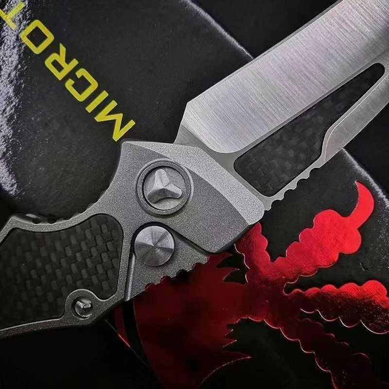 New Microtech HAWK Push-button Quick-opening Folding Scimitar 3.9-inch D2 High Hardness Steel Blade with Aero Aluminum + Carbon Fiber Handle,must-have EDC Knife for Camping and Hunting