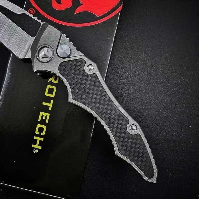 New Microtech HAWK Push-button Quick-opening Folding Scimitar 3.9-inch D2 High Hardness Steel Blade with Aero Aluminum + Carbon Fiber Handle,must-have EDC Knife for Camping and Hunting