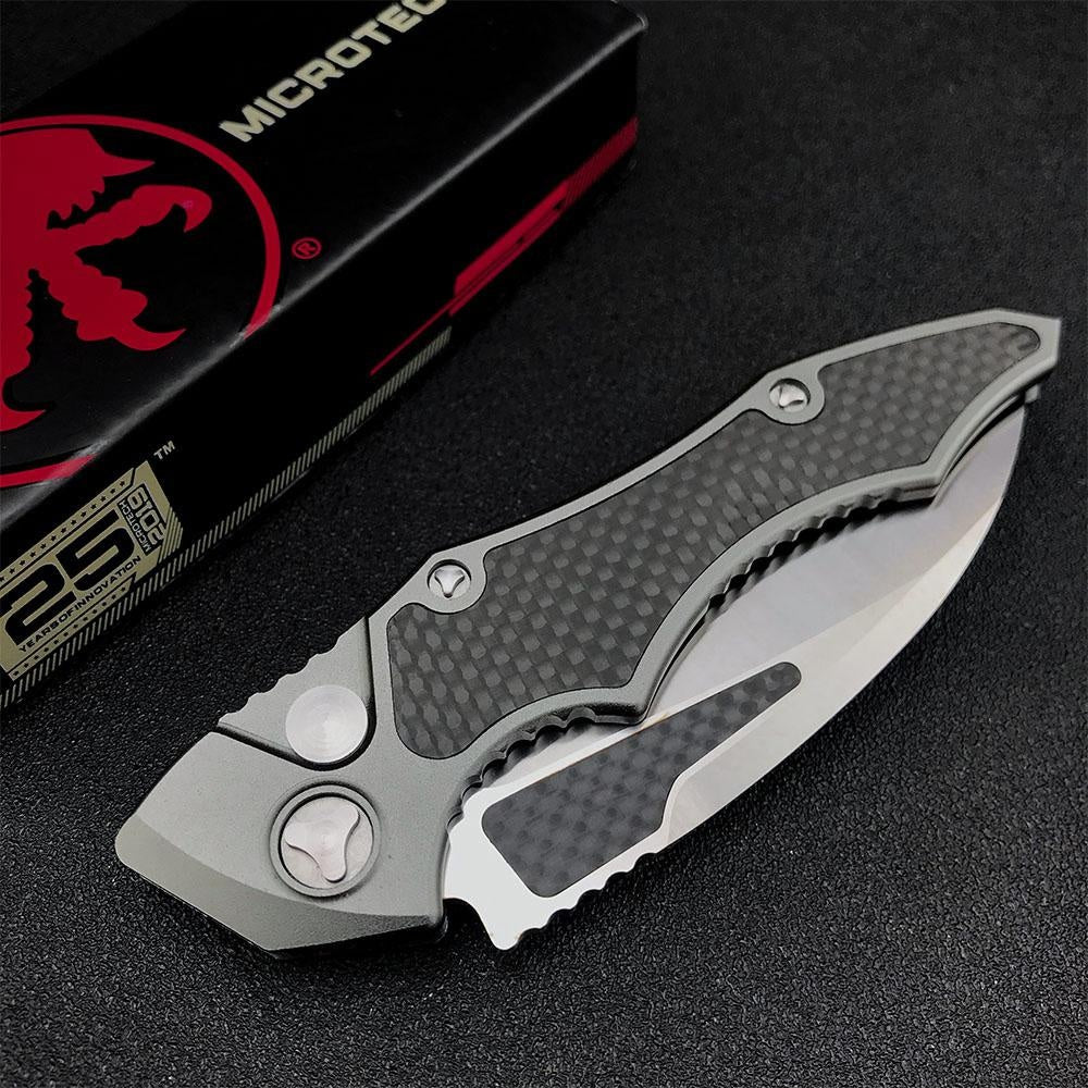 New Microtech HAWK Push-button Quick-opening Folding Scimitar 3.9-inch D2 High Hardness Steel Blade with Aero Aluminum + Carbon Fiber Handle,must-have EDC Knife for Camping and Hunting