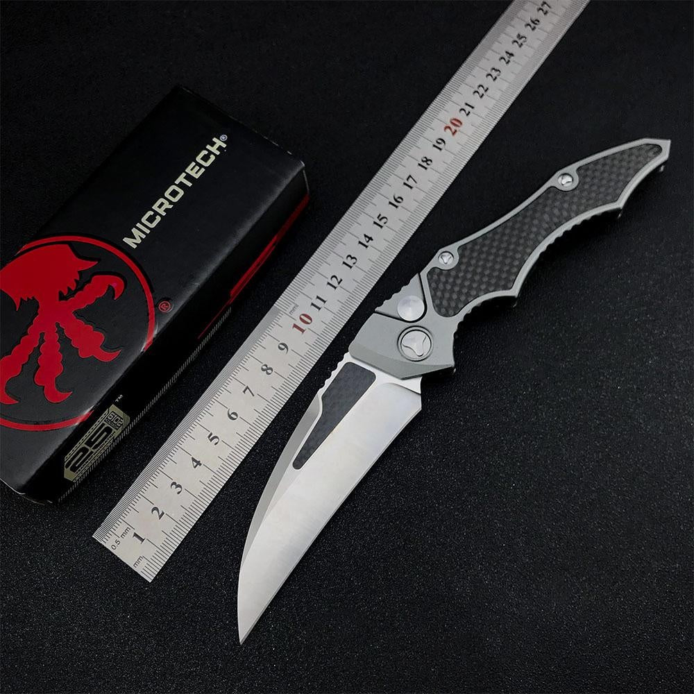 New Microtech HAWK Push-button Quick-opening Folding Scimitar 3.9-inch D2 High Hardness Steel Blade with Aero Aluminum + Carbon Fiber Handle,must-have EDC Knife for Camping and Hunting