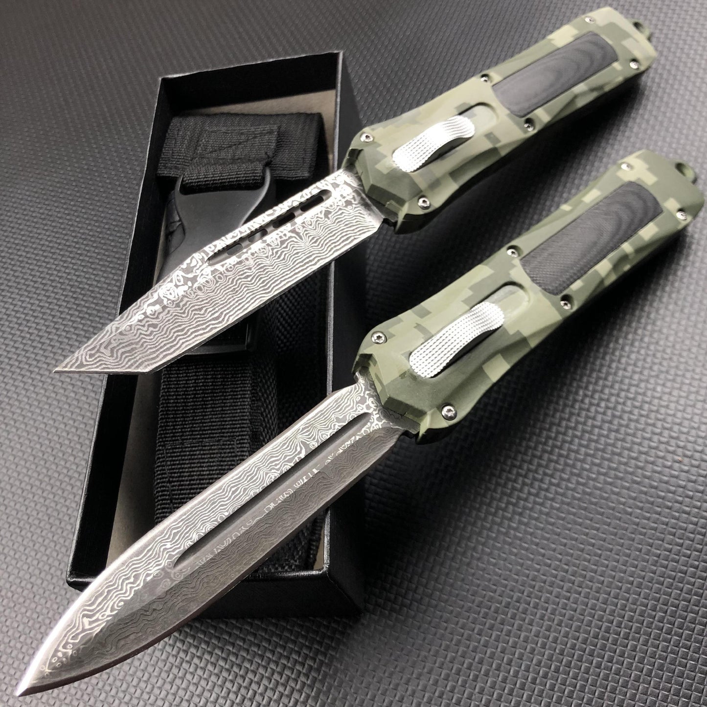 Micr otech Combat Troodon Quick opening and straight jump switch auxiliary straight out OTF knife Damascus arrow double edge aviation aluminum handle military tactical outdoor knife