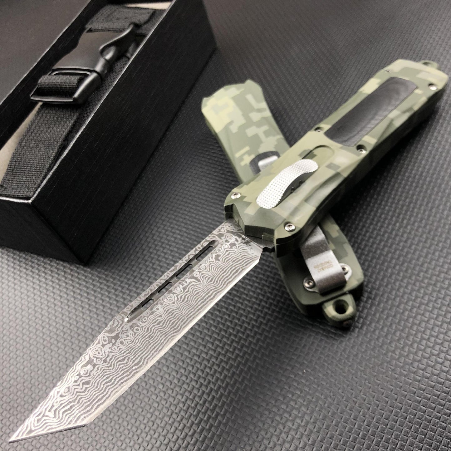 Micr otech Combat Troodon Quick opening and straight jump switch auxiliary straight out OTF knife Damascus arrow double edge aviation aluminum handle military tactical outdoor knife