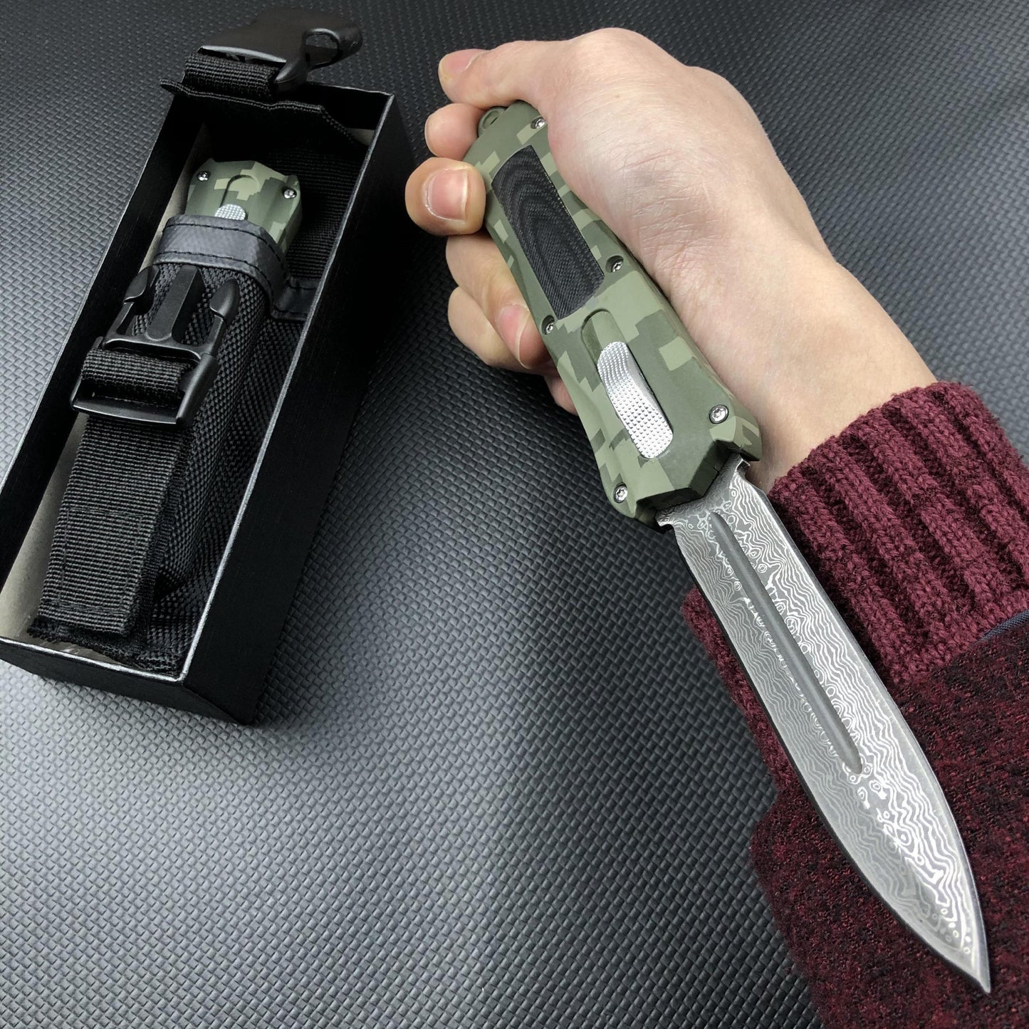 Micr otech Combat Troodon Quick opening and straight jump switch auxiliary straight out OTF knife Damascus arrow double edge aviation aluminum handle military tactical outdoor knife