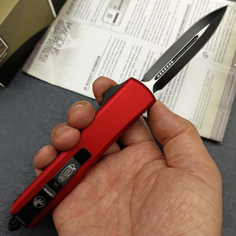 2023 New Microtech UTX85 OTF AUTO Straight Out Fixed Knife D2 Quality Blade 6061-T6 Aluminum Dagger RED / BLUE Handle Double Action Spring Assisted Knives Outdoor Camping Tactical Knife EDC Pocket Tool Christmas Gift