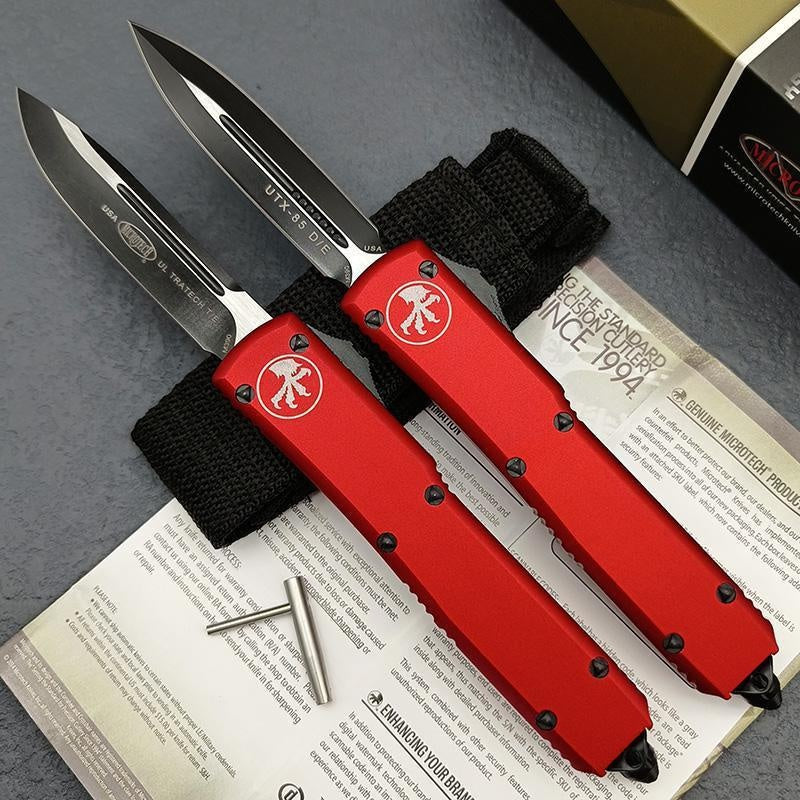 2023 New Microtech UTX85 OTF AUTO Straight Out Fixed Knife D2 Quality Blade 6061-T6 Aluminum Dagger RED / BLUE Handle Double Action Spring Assisted Knives Outdoor Camping Tactical Knife EDC Pocket Tool Christmas Gift