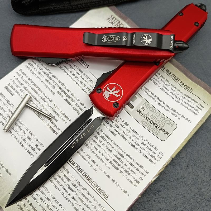 2023 New Microtech UTX85 OTF AUTO Straight Out Fixed Knife D2 Quality Blade 6061-T6 Aluminum Dagger RED / BLUE Handle Double Action Spring Assisted Knives Outdoor Camping Tactical Knife EDC Pocket Tool Christmas Gift