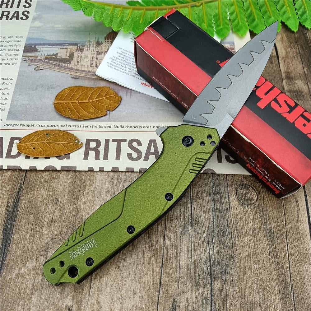 Kershaw 1812 OLCB Dividend Assisted Flipper Knife 3' N690 and CPM-D2 Composite Bead Blasted Plain Blade, Olive Aluminum Handles