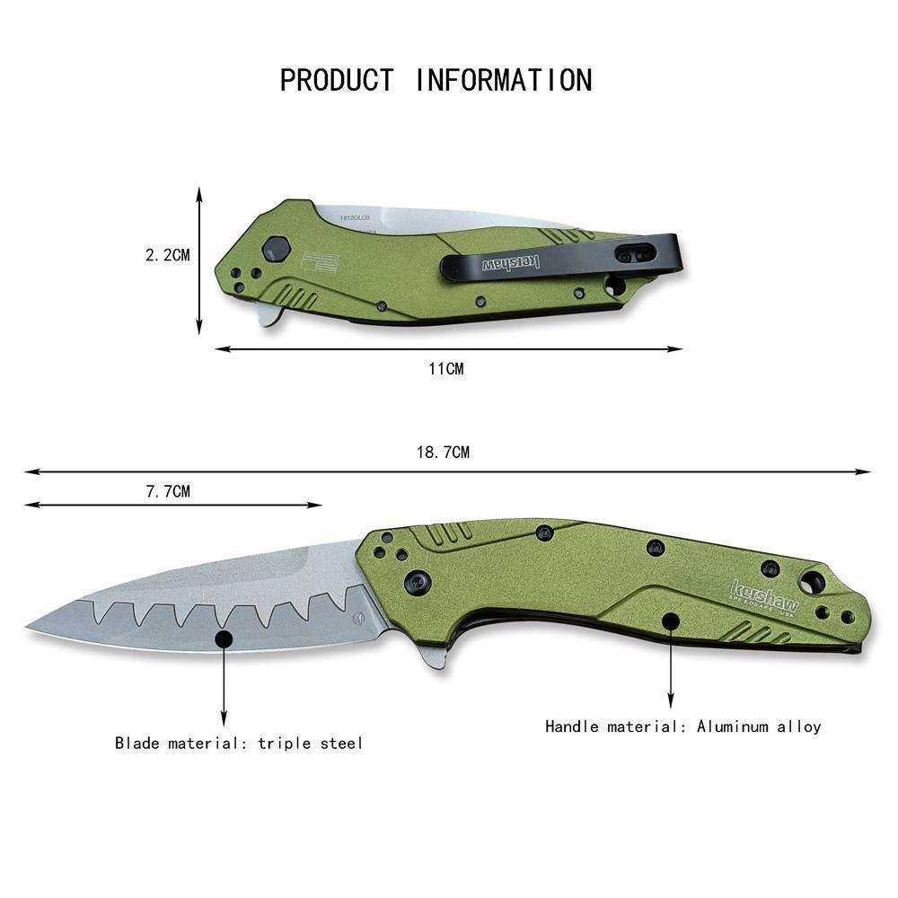 Kershaw 1812 OLCB Dividend Assisted Flipper Knife 3' N690 and CPM-D2 Composite Bead Blasted Plain Blade, Olive Aluminum Handles